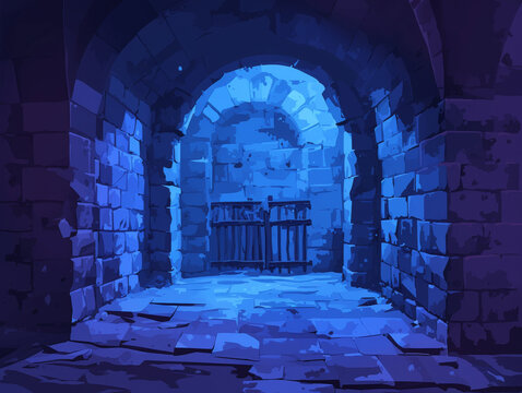 Game Asset: Medieval dungeon corridor with stone walls and gate
