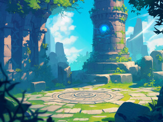 Game Asset: Ancient mage tower ruins with glowing orb and lush surroundings