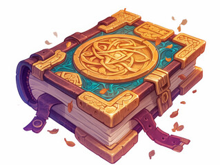 Ornate magical spellbook with gold and leather bindings