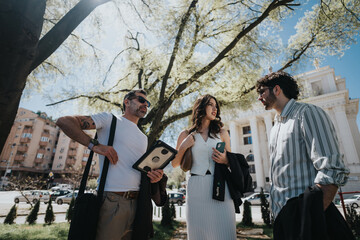 Three stylish entrepreneurs having an outdoor meeting in a city setting, sharing innovative ideas for profit and business growth.