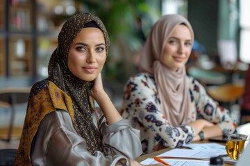Obraz premium Two women working at table with laptop and papers