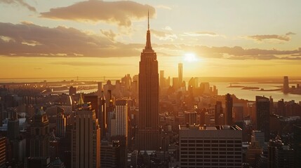 Naklejka premium Golden Hour over Urban Skyline: Iconic Skyscrapers Against Sunset Glow