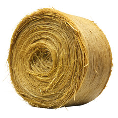 A tightly packed, round hay bale, made of dried grass, is ready for storage