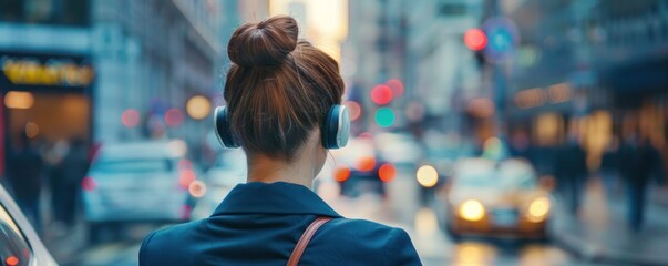 A woman wearing headphones is walking down a city street. The street is busy with cars and buses, and there are several pedestrians walking around. The woman is focused on her music