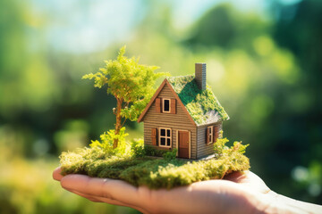 Hand Holding Small Green House with Tree