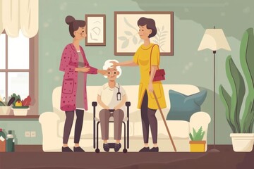 Woman aiding man brush hair