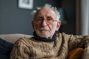 Elderly man in glasses and sweater on sofa