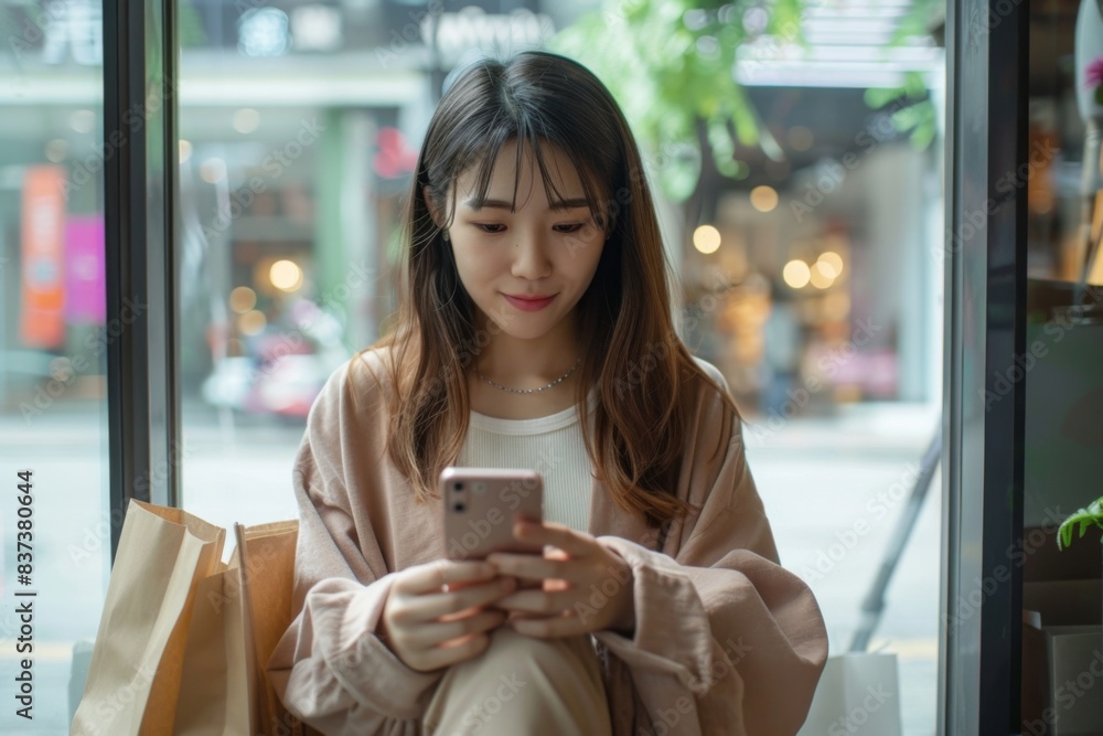 Poster female sitting bench using cellphone