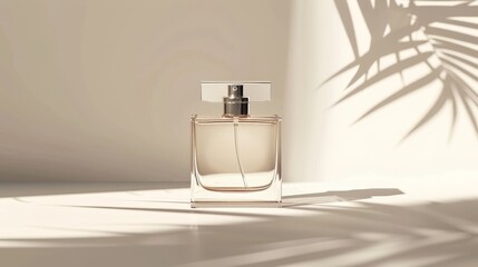 Perfume Bottle with Palm Leaf Shadow on a White Background