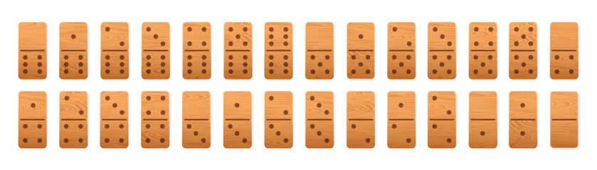 Wooden domino tiles icon full set. Realistic wood dominoes bones. 28 pieces for game graphic element. Vector illustration EPS 10