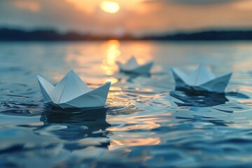 Obraz premium Multiple paper vessels on the water at dusk