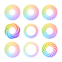 Obraz premium Set of simple spirals. Abstract swirl shapes with multi color gradient. Twisting circles. Summer design elements. Isolated vector icons