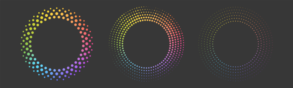 Abstract color circles with dots texture. Round dotted frames set with multi color gradient. Spotted spray or brush. Vector design element