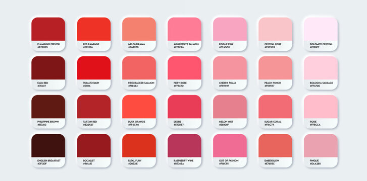 Red and pink pantone color palette set in rgb hex. Red color catalog. Multicolor palette for your design