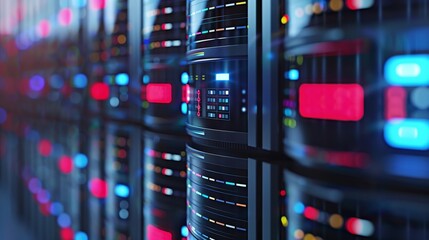 Server Room with Red and Blue Lights - 3D Render