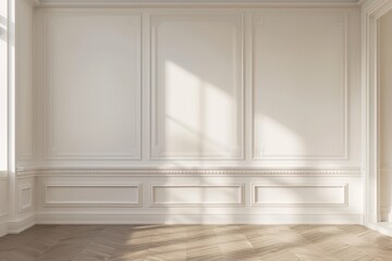 Fototapeta premium Elegant white wall panels with intricate detailing and light wood herringbone floor