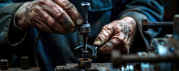 A man is working on a machine with dirty hands. Concept of hard work and dedication
