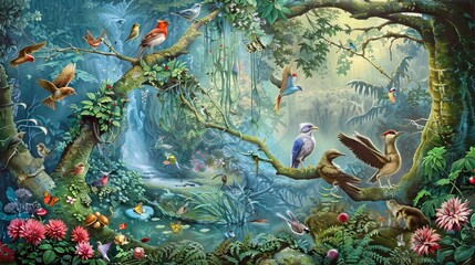 Tropical jungle pattern wallpaper with palm trees plants birds butterflies and animals of paradise on a dark blue background for wall vintage. AI generated illustration