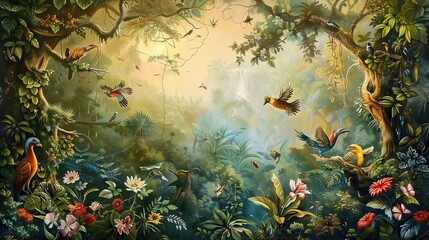 Tropical jungle pattern wallpaper with palm trees plants birds butterflies and animals of paradise on a dark blue background for wall vintage. AI generated illustration