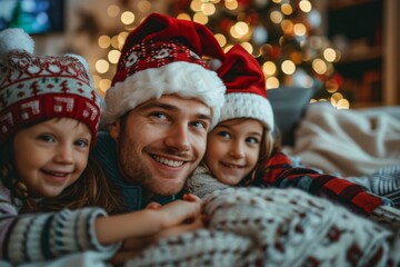 Man and kids reclining on bed