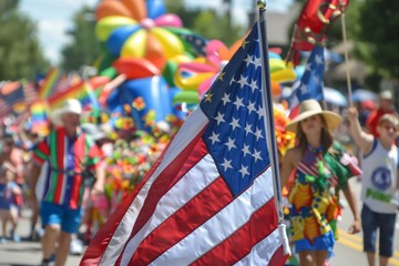 A lively scene from an Independence Day parade featuring a prominently displayed American flag in the foreground. The background showcases a colorful array of people dressed in festive attire, holding