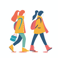 Two young girls walking side side, trendy outfits, casual style. Female friends stride confidently, stylish raincoats, backpacks. Profile view, simplistic design, colorful flat vector illustration