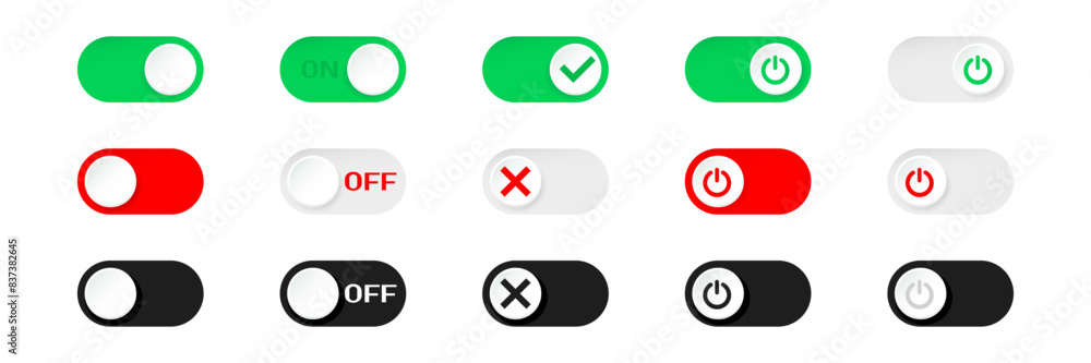 Poster on off toggle buttons or icons, open and close active and inactive buttons, green, red and black tog