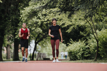 A young athletic male and female jog along a park path, showcasing health and endurance in a...