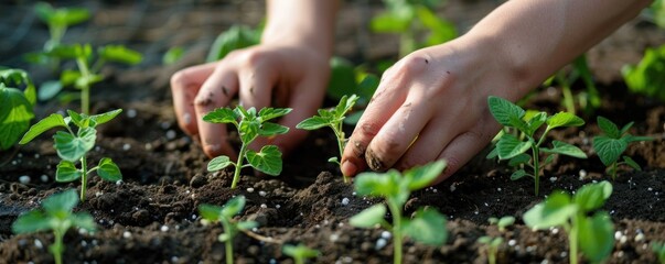 Two hands are touching plants in a garden. The plants are small and green. Concept of care and nurturing towards the plants
