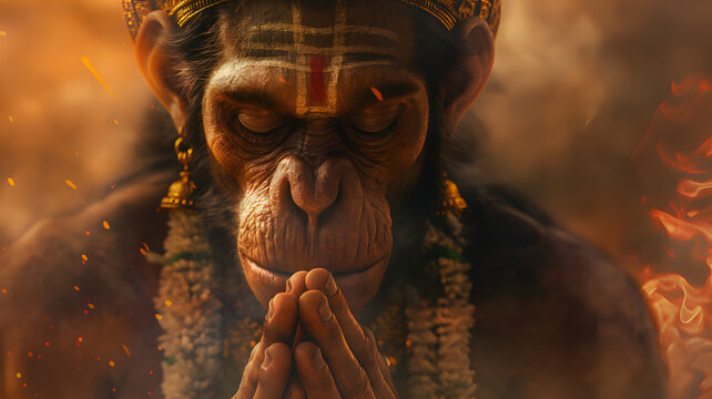 Close up of Lord Hanuman praying with his hands folded showing devotion 