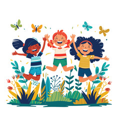 Three happy children jumping joyfully colorful meadow, butterflies fluttering around. Diverse kids celebrating outdoors, African Caucasian ethnicities, casual summer clothing. Cheerful young friends
