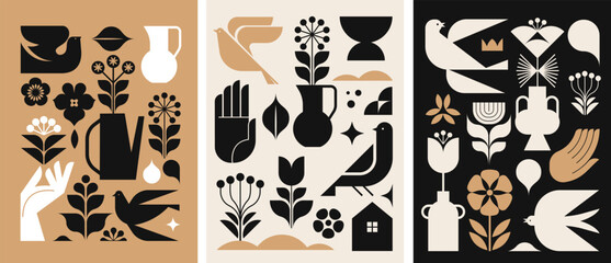 Black, gold and white modern symbolist design. minimalist black illustrations in modern Nordic style. Linocut, lino print concept art. Printable wall decor, cards, apparel designs