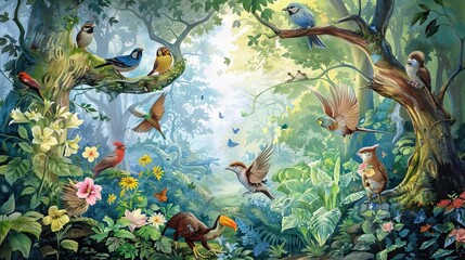 Tropical jungle pattern wallpaper with palm trees plants birds butterflies and animals of paradise on a dark blue background for wall vintage. AI generated illustration