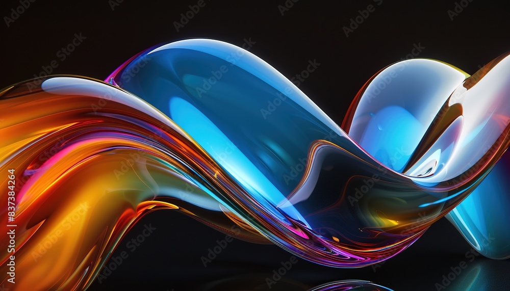 Wall mural 3D colorful curve glass with Transparent glossy gradient glass on black background