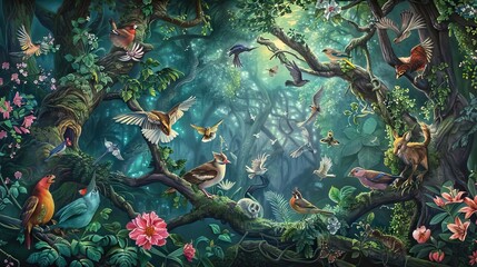 Tropical jungle pattern wallpaper with palm trees plants birds butterflies and animals of paradise on a dark blue background for wall vintage. AI generated illustration