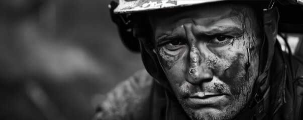 Man in firefighter gear with a dirty face in a black and white photo, capturing the intense emotion and grit of firefighting.