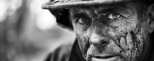 Man in firefighter gear with a dirty face in a black and white photo, capturing the intense emotion and grit of firefighting.