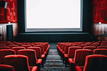 Empty red seats in an old luxurious theater with a blank screen