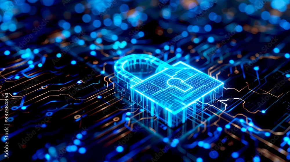 Poster digital padlock symbolizing cybersecurity on a futuristic digital background. conceptual image repre