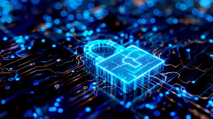 Digital padlock symbolizing cybersecurity on a futuristic digital background. Conceptual image representing data protection. Vibrant blue colors. Ideal for tech websites and presentations. AI