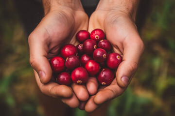 Close-up of hands holding cranberries, symbolizing the abundance and quality your orchard offers for future luxury cranberry creations, with a focus on the hands. Perfect for promoting premium produce