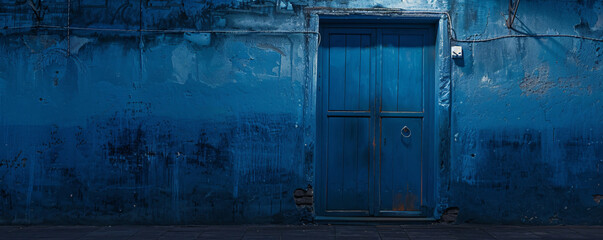 Showing an old, weathered blue door on a blue wall - Powered by Adobe