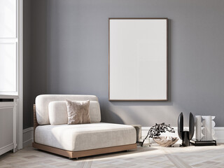 Living room interior  with three big white empty frames, 3d illustration.