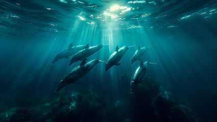 Fototapeta premium Pod Of Dolphins -Marine Mammals, Sea Life, Aquatic, Underwater Photography, Aquatic Photography, Ocean Photography