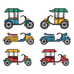 Four colorful tuk tuk illustrations, traditional Asian transportation, stylized differently various colors details. Simple lines, vivid colors, clear outlines easy identification