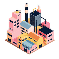 Isometric factory buildings, industrial sector power plants colorful architecture. Detailed illustration industrial buildings, urban construction zone, factories. Examples infrastructure, district