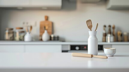 A white counter with a cup and spoon on it next to an empty bottle, AI