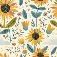 A seamless pattern in a bright and cheerful illustrator style, showcasing a field of adorable sunflowers blooming under a partly cloudy sky with patches of sunshine peeking through. Perfect for a