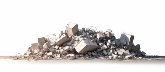 Pile of gray concrete fragments from destroyed building white background