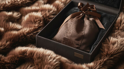 Showcase Premium Elegance, Utilize our high quality image of a dust bag placed in sophisticated packaging, featuring a plush dark coffee fur background. Perfect for marketing high-end accessories 